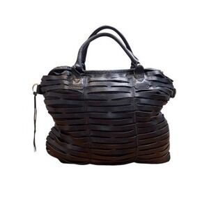 Charles Jourdan Black Leather Laser Cut Satchel Tote Handbag Purse